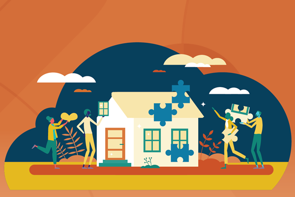 ESEP leaflet cover image: illustration where teachers are building a house (of education)